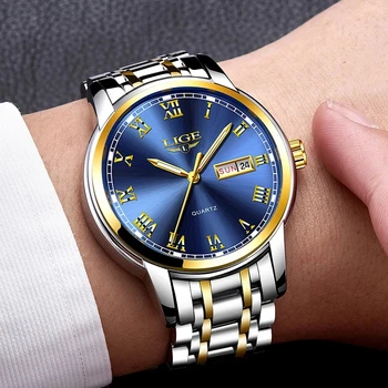 Zegarki męskie 2019 mody zegarek kwarcowy złoty zegarek LIGE Brand Top Luxury All Steel męskie zegarek wodoodporny data tydzień chronograf zegarek+pudełko