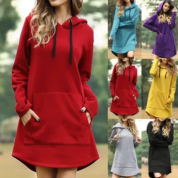 Bluza z kapturem, sukienka kobiety jesień i zima duży rozmiar sukni wolna kieszeń z długim rękawem damska bluza sukienki Qa05