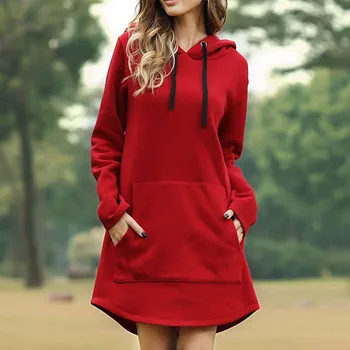 Bluza z kapturem, sukienka kobiety jesień i zima duży rozmiar sukni wolna kieszeń z długim rękawem damska bluza sukienki Qa05