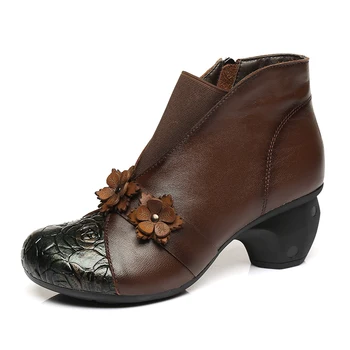 GKTINOO kwiatowy botki Dla Kobiet, Jesień Zima skóra naturalna buty damskie retro ręcznie wygodne buty na wysokich obcasach