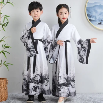 Starożytny chiński tradycyjny, Nowy zestaw ubrań dla dziecka, chłopca, dziewczynki z długim rękawem taniec Ludowy Hanfu Ink Painting Print Performance Dress
