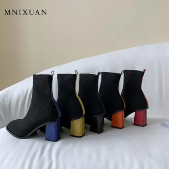 MNIXUAN Handmade fashion boots 2019 wiosna jesień nowe kwadratowe botki na wysokim obcasie dla kobiet buty żółte buty duży rozmiar 34-43