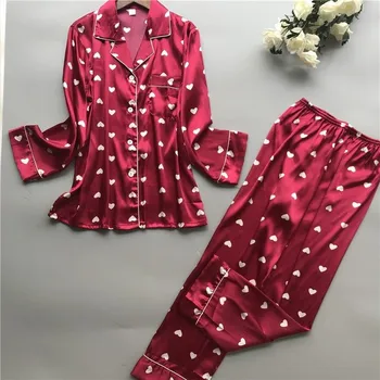 Satyna drukowana piżama kobiety 2szt Sleep Set piżamy kostium Seksowna nocna strona główna odzież odzież luźny top i spodnie Lounge Set Pijamas