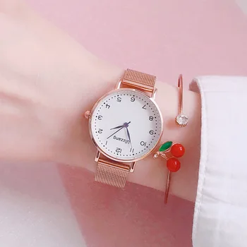 Różowe złoto siatkowy pasek damskie modne zegarki minimalistyczny Ulzzang luksusowej marki zegarek kwarcowy zegarek damski niebieski indeks zegarek
