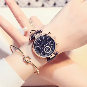 GUOU Brand Fashion 3 Eyes Waterproof Leather & Rose Gold Steel Analog /w Kalendarz zegarek Kwarcowy zegarek dla kobiety dziewczyny