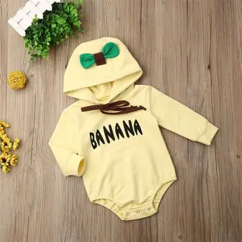 2020 Noworodka Dziecko Dziecko Babys Dziewczyna Body Banan Wiosenne Stroje Z Długim Rękawem Żółty Kombinezon Z Kapturem Odzież Playsuit